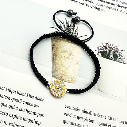 Saint Benedict Alloy Link Bracelets, Adjustable Polyester Cord Braided Bracelets for Women