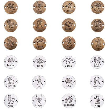 Tibetan Style Alloy Links, Flat Round with Constellation/Zodiac Sign