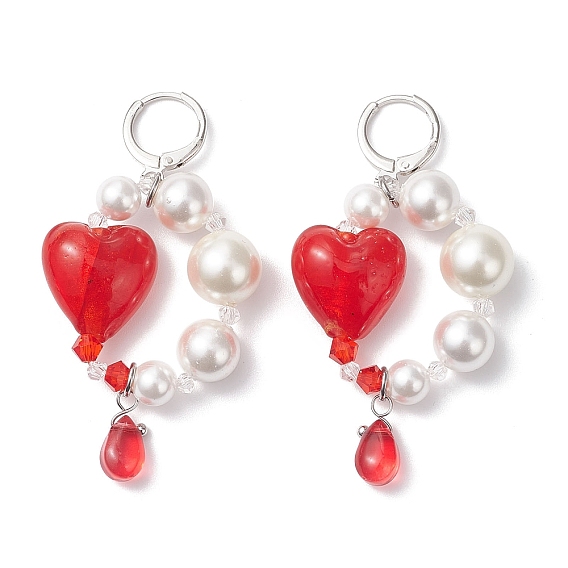 Латунные серьги-кольца в форме сердца, с подвесками из ракушечного жемчуга и стекла