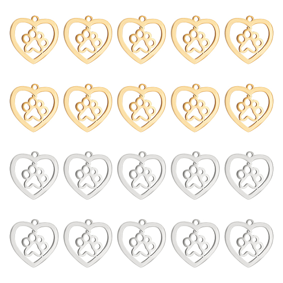20 шт. 2 цвета 201 подвески из нержавеющей стали, сердце с отпечатками лапы собаки