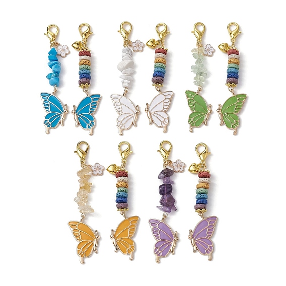 Décoration de pendentifs en émail en alliage papillon, puces de pierres précieuses, perles de lave naturelle et fermoirs à pinces de homard