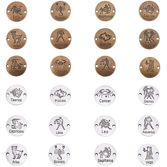 Tibetan Style Alloy Links, Flat Round with Constellation/Zodiac Sign