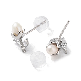 Natural Pearl and Cubic Zirconia Stud Earrings for Women, with Sterling Silver Pins, Flower