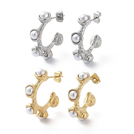 304 Stainless Steel Stud Earrings, Ring Half Hoop Earrings with Plastic Pearl