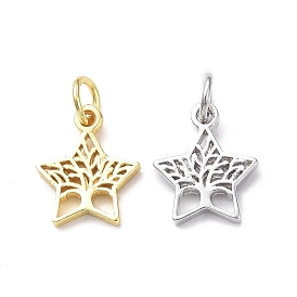 Rack Plating Brass Charms, with Jump Ring, Lead Free & Cadmium Free, Hollow, Star with Tree of Life Charm