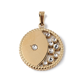 Ion Plating(IP) 304 Stainless Steel with Crystal Rhinestone Pendants, Flat Round with Moon Charms