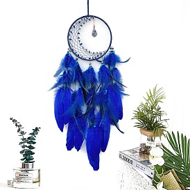 Woven Net/Web with Feather Hanging Ornaments, for Home Living Room Bedroom Decor, with Natural Gemstone Chips Beads