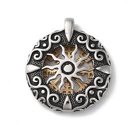 Ion Plating(IP) 304 Stainless Steel Pendants, Flat Round with Hollow Sun & Vegvisir