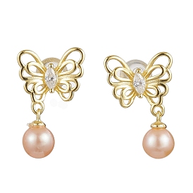 Natural Pearl Ear Studs, with Sterling Silver Micro Pave Cubic Zirconia Findings, Butterfly