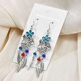 Серьги-люстры из сплава с цветами и перьями, с акрилом и эмалью