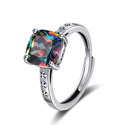 Bague vintage en argent avec zircone carrée pour femme avec bande réglable