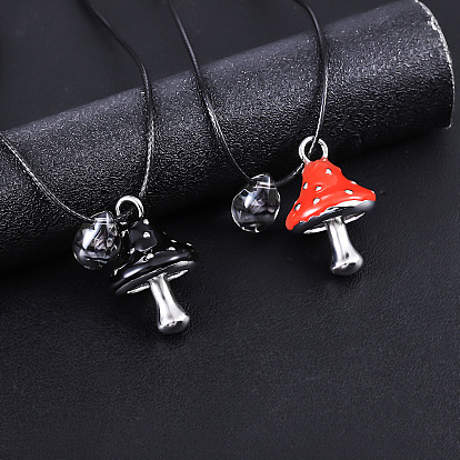 Automne 304 Colliers avec pendentif champignon en acier inoxydable et cordon ciré, couleur inox