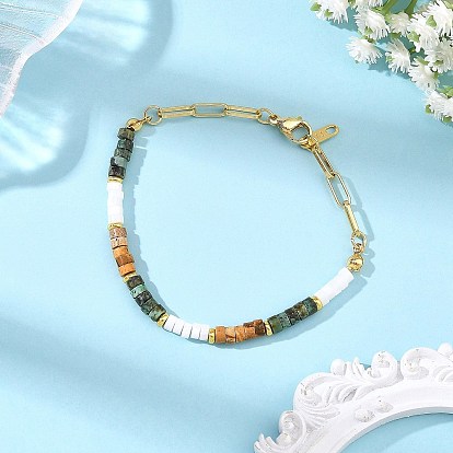 Armbänder aus natürlichem Bildjaspis und natürlichem afrikanischem Türkis (Jaspis), mit Messing Büroklammerketten, echt 18 k vergoldet