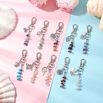 Подвески из бисера из натуральных и синтетических драгоценных камней, с подвесками из сплава в тибетском стиле и поворотными застежками-карабинами, разнообразные