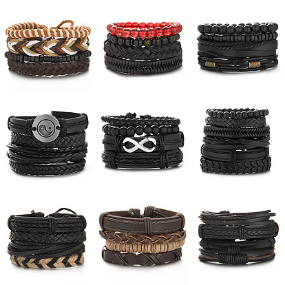 Stylish Leather and Beaded Bracelet Set for Men - Fashionable Woven Combination Design