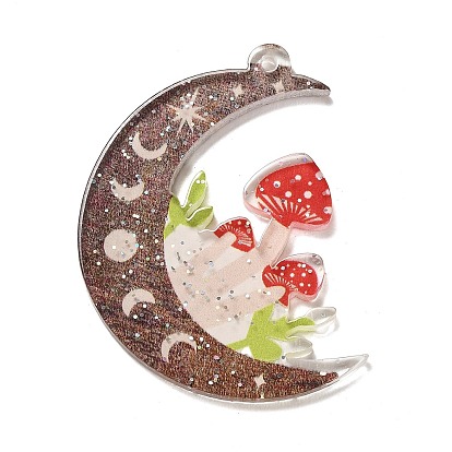 Translucent Resin Pendants, Mushroom Moon Charms with Glitter Powder
