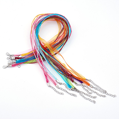 Multi-strand Necklace Making, with 3 Loops Waxed Cord, Organza Ribbon, Zinc Alloy Lobster Claw Clasps and Iron Chains
