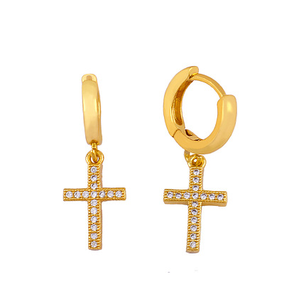 Retro Cross Earrings with Hip Hop Full Diamond Cross Pendant