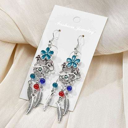 Серьги-люстры из сплава с цветами и перьями, с акрилом и эмалью