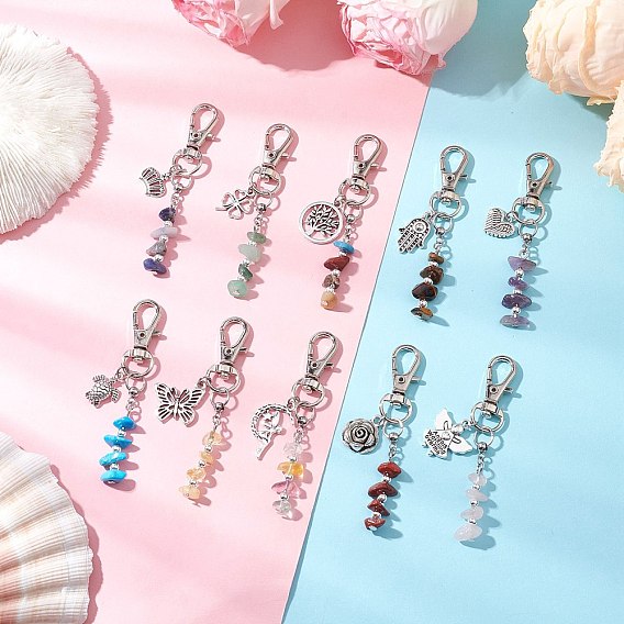 Подвески из бисера из натуральных и синтетических драгоценных камней, с подвесками из сплава в тибетском стиле и поворотными застежками-карабинами, разнообразные