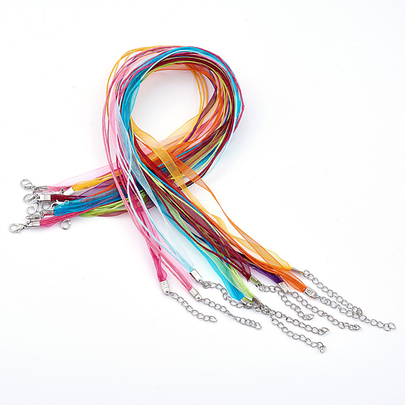 Multi-strand Necklace Making, with 3 Loops Waxed Cord, Organza Ribbon, Zinc Alloy Lobster Claw Clasps and Iron Chains