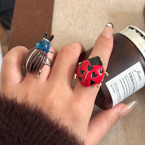 Brass & Rhinestone & Enamel Finger Rings, Ladybug, Golden/Platinum