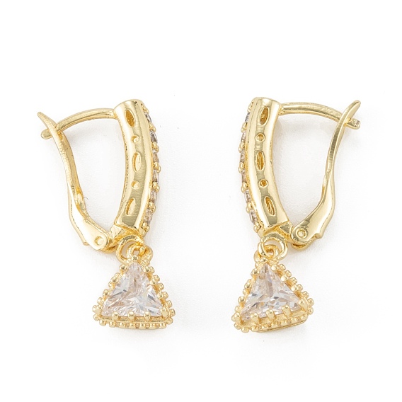 Pendientes de aro de latón con micro circonitas y cubic zirconia transparente, triángulo, larga duración plateado