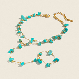 Bracelet à maillons double couche en acier inoxydable avec puce en turquoise synthétique pour femme
