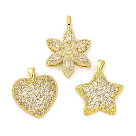 Brass Pendants with Cubic Zirconia, Electrophoretic Color Preservation, Heart/Star/Flower Charms