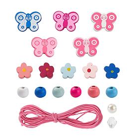 DIY Wood Beads Bracelet Making Kit for Kid Girl Women, Including ABS Plastic Pearl Beads, Transparent Acrylic & Natural Wood Printed Beads, Elastic Cord