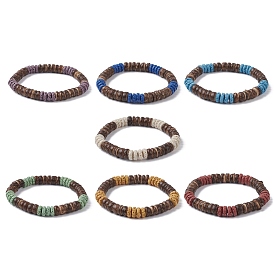 7Pcs 7 Color Dyed Natural Lava Rock & Coconut Disc Beaded Stretch Bracelets Set, Stackable Bracelets