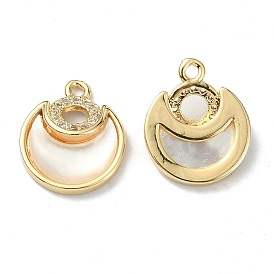 Brass Micro Pave Cubic Zirconia Charms, with Shell, Moon Charm