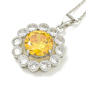 304 Stainless Steel Cable Chain Necklaces, Brass Clear & Gold Cubic Zirconia Flower Pendant Necklaces