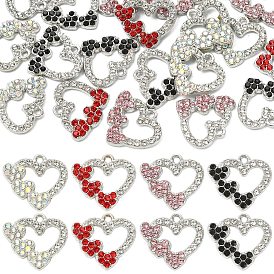 20Pcs 4 Colors Alloy Pendants, with Rhinestone, Heart Charms, Platinum