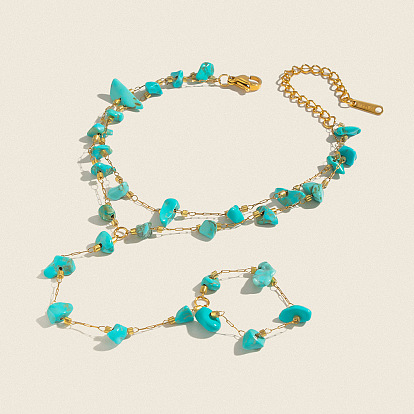 Bracelet à maillons double couche en acier inoxydable avec puce en turquoise synthétique pour femme