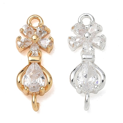 Breloques de connecteur en zircone cubique transparente pavée de laiton, liens vers les fleurs et les larmes
