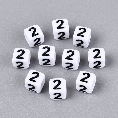 Opaque Acrylic European Beads, Large Hole Beads, Cube with Black Number 2