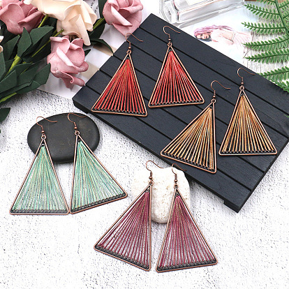 Creative Design Alloy Dangle Earrings, with Cotton Thread and Metallic Cord, Triangle, Red Copper