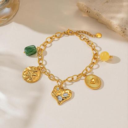 304 Stainless Steel Textured Heart Oval Charm Bracelets with Green Resin Cuboid Beads for Women