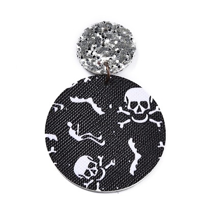 Halloween Theme Imitation Leather Pendant, with Iron Jump Ring, Flat Round with Skull