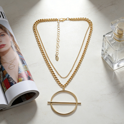 Минималистичный кулон в виде круглой планки из сплава, двухслойное ожерелье для повседневного ношения., , и повседневная одежда