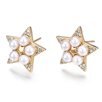 Brass Micro Pave Cubic Zirconia Stud Earrings, with
ABS Plastic Imitation Pearl, Nickel Free, Star, Creamy White
