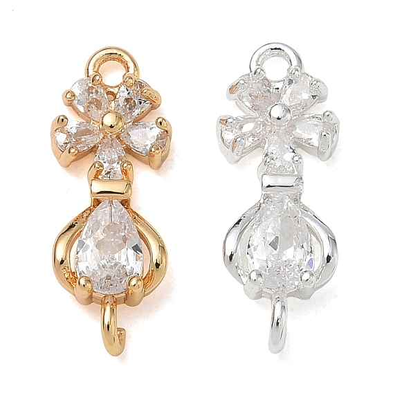 Breloques de connecteur en zircone cubique transparente pavée de laiton, liens vers les fleurs et les larmes