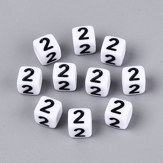 Opaque Acrylic European Beads, Large Hole Beads, Cube with Black Number 2