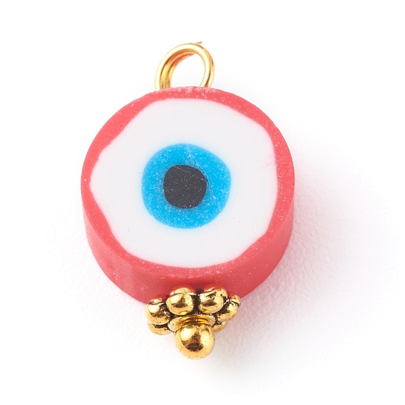 Polymer Clay Charms, with Brass Findings, Flat Round with Evil Eye Pattern