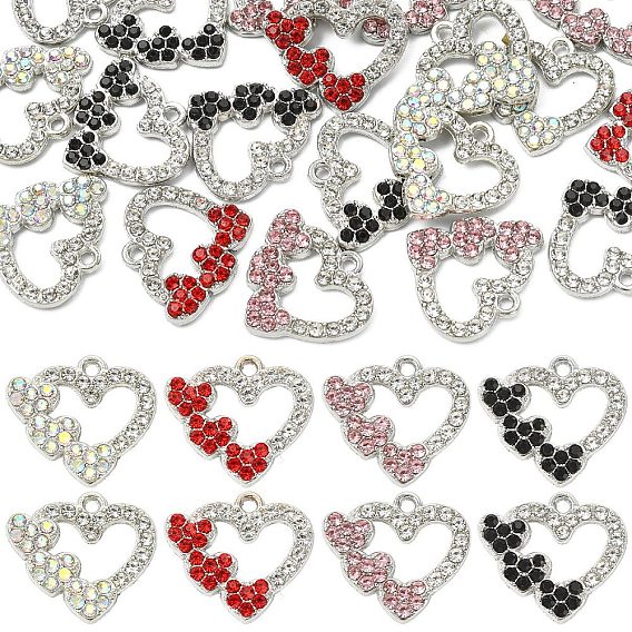 20Pcs 4 Colors Alloy Pendants, with Rhinestone, Heart Charms, Platinum