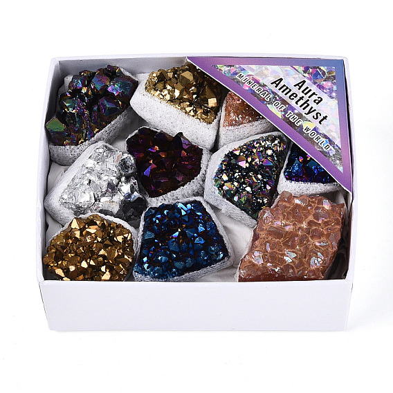 Геод из натурального драгоценного камня с гальваническим покрытием, образец минерала «рог изобилия»., кластер необработанных кристаллов, Целебный кристалл в подарок для домашнего декора, с бумажной коробкой