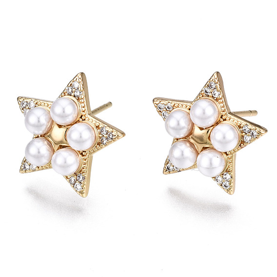 Brass Micro Pave Cubic Zirconia Stud Earrings, with
ABS Plastic Imitation Pearl, Nickel Free, Star, Creamy White