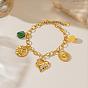 304 Stainless Steel Textured Heart Oval Charm Bracelets with Green Resin Cuboid Beads for Women
