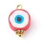 Polymer Clay Charms, with Brass Findings, Flat Round with Evil Eye Pattern